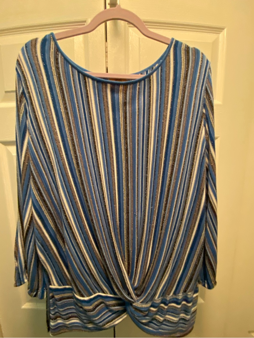 Ruby Rd. Blue & Silver Metallic/Glitter Vertical Striped Twist Front Top 3X